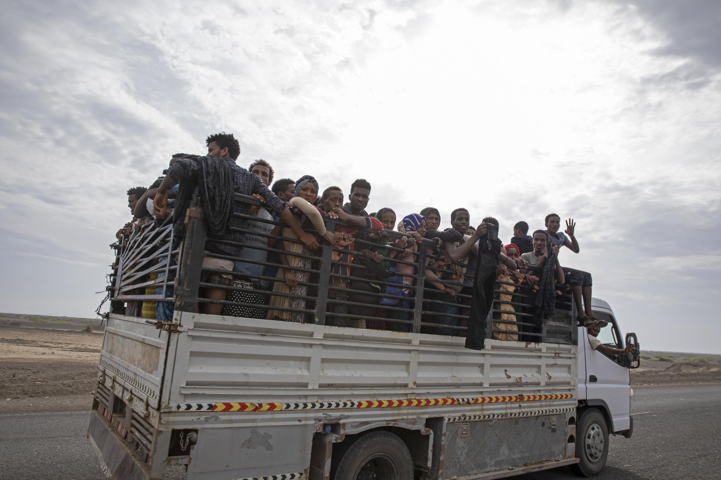  A pickup truck carrying Ethiopian migrants to be taken to a &quot;hosh,&quot; in Ras al-Ara. 