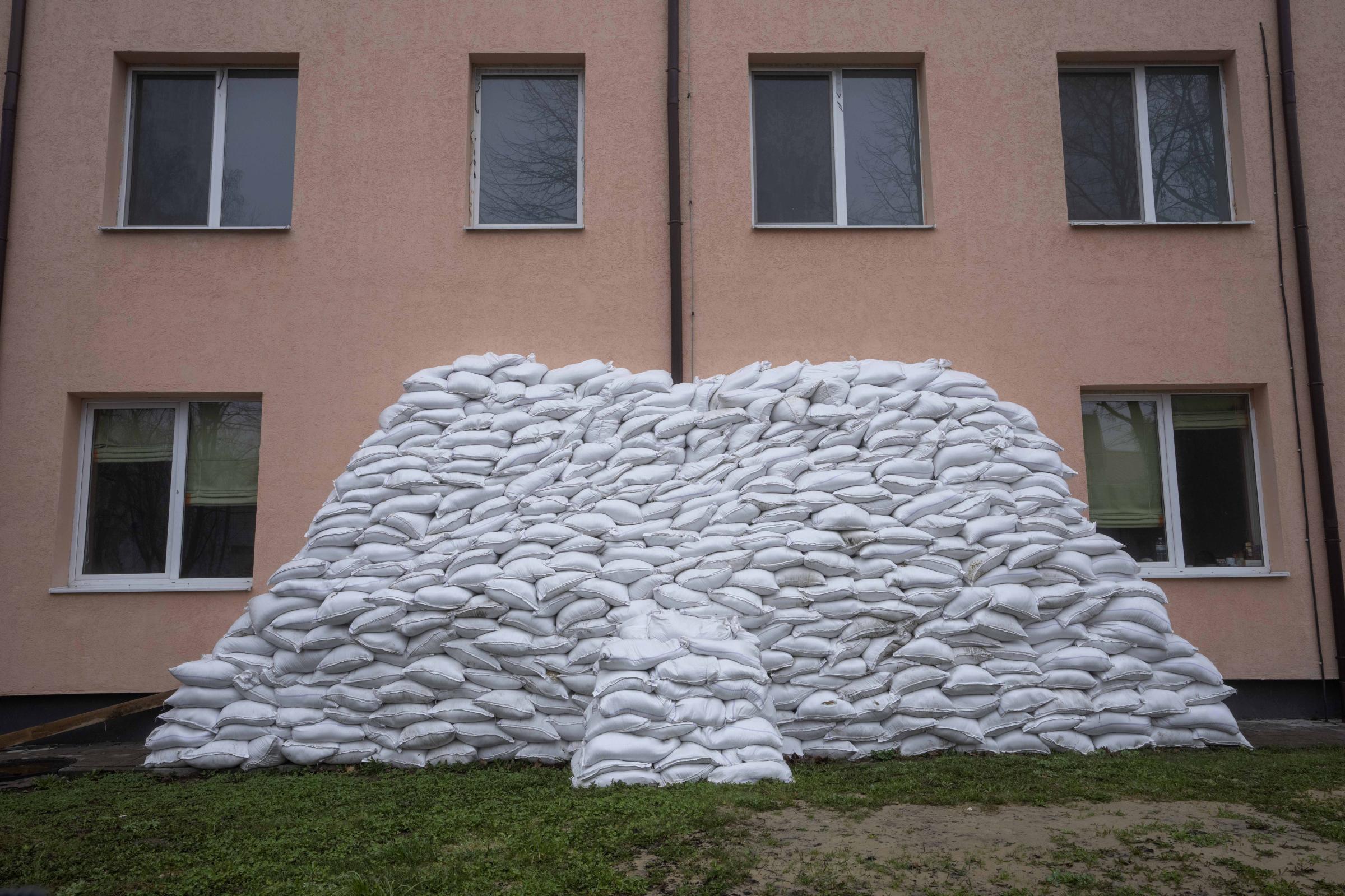 Ukraine Wartime Births -  Sandbag barricades constructed at the Lviv state...