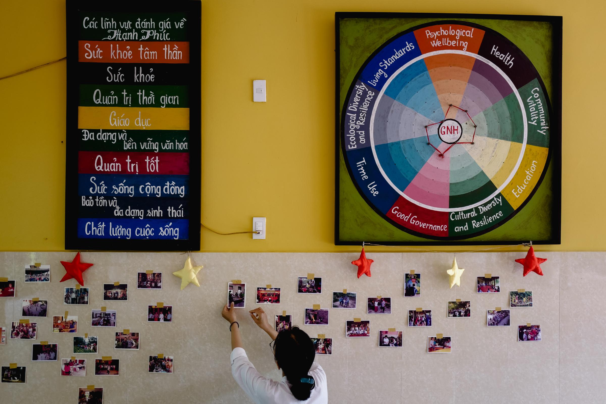 Ms. Thao, one of the host team members, stuck pictures on the wall. The photos showed remarkable milestones of the community since establishment.