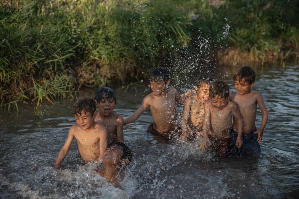 Contrasting Childhoods Joyful Play vs Hardship - Several children are swimming in the Harirud River in Herat Province on a warm summer day.