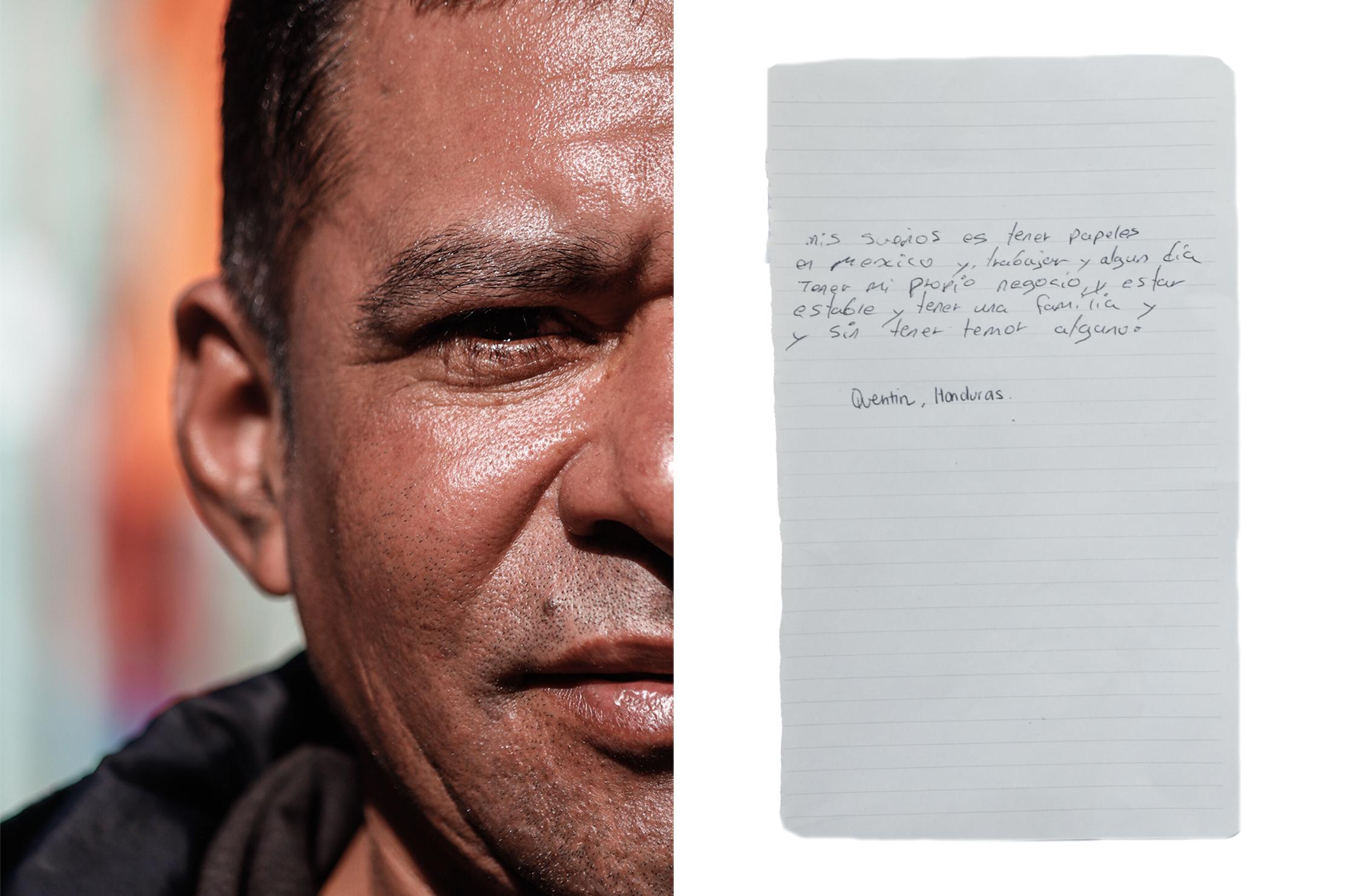 Migrant caravan: Wideline and Quintin -   Quintin writes in a piece of paper: "My dreams are...