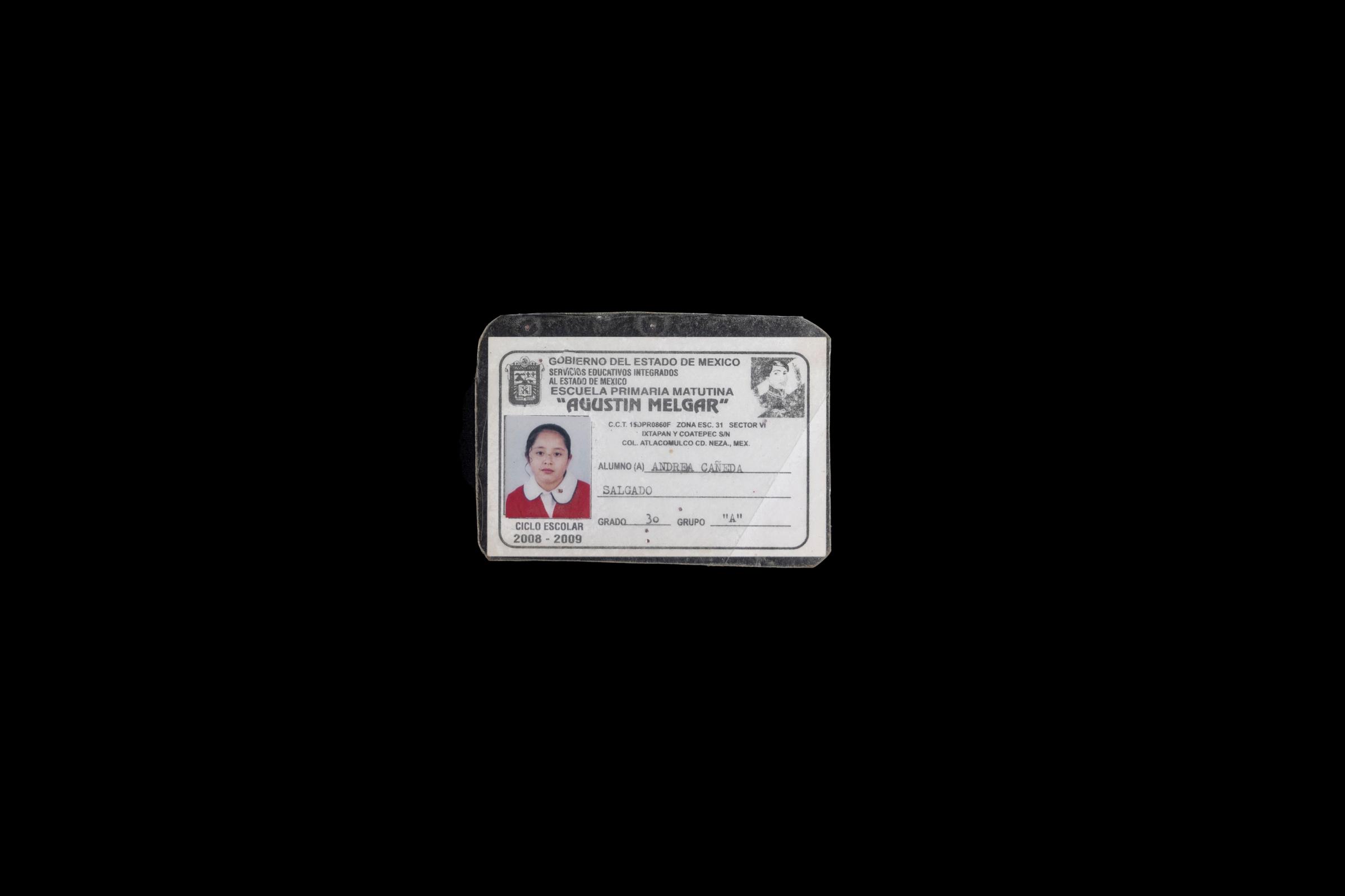 The belongings of Andrea Salgado, victim of femicide -  Andrea's ID card from school, Edomex, 2022. 