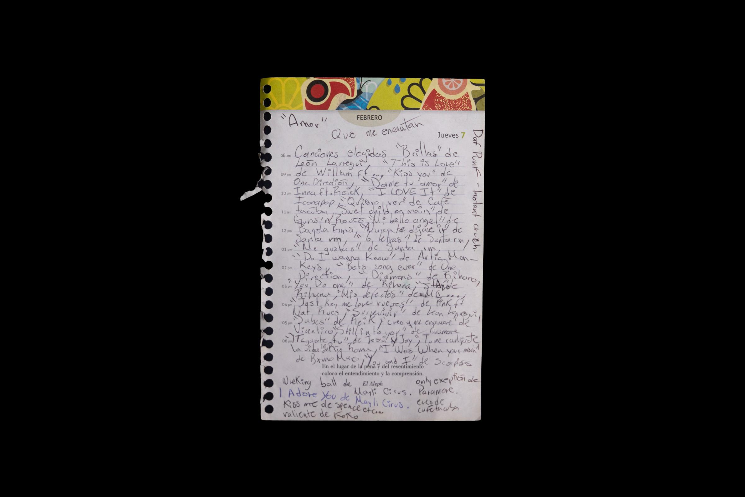 The belongings of Andrea Salgado, victim of femicide -  A list of Andrea's favorite songs, Edomex, 2022. 