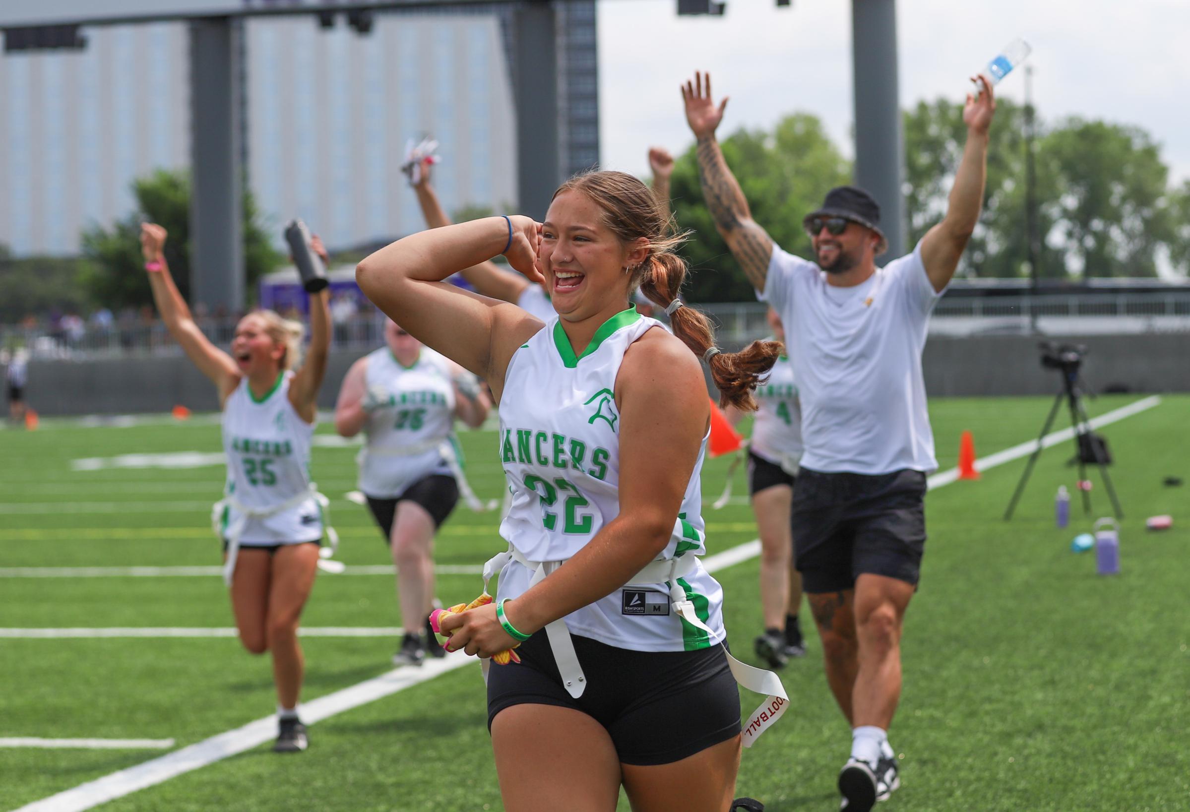 An image from July 14, 2024 of high school girls flag football championship at TCO Stadium in Eagan, MN. La Crescent-Hokah Girls Flag Championships