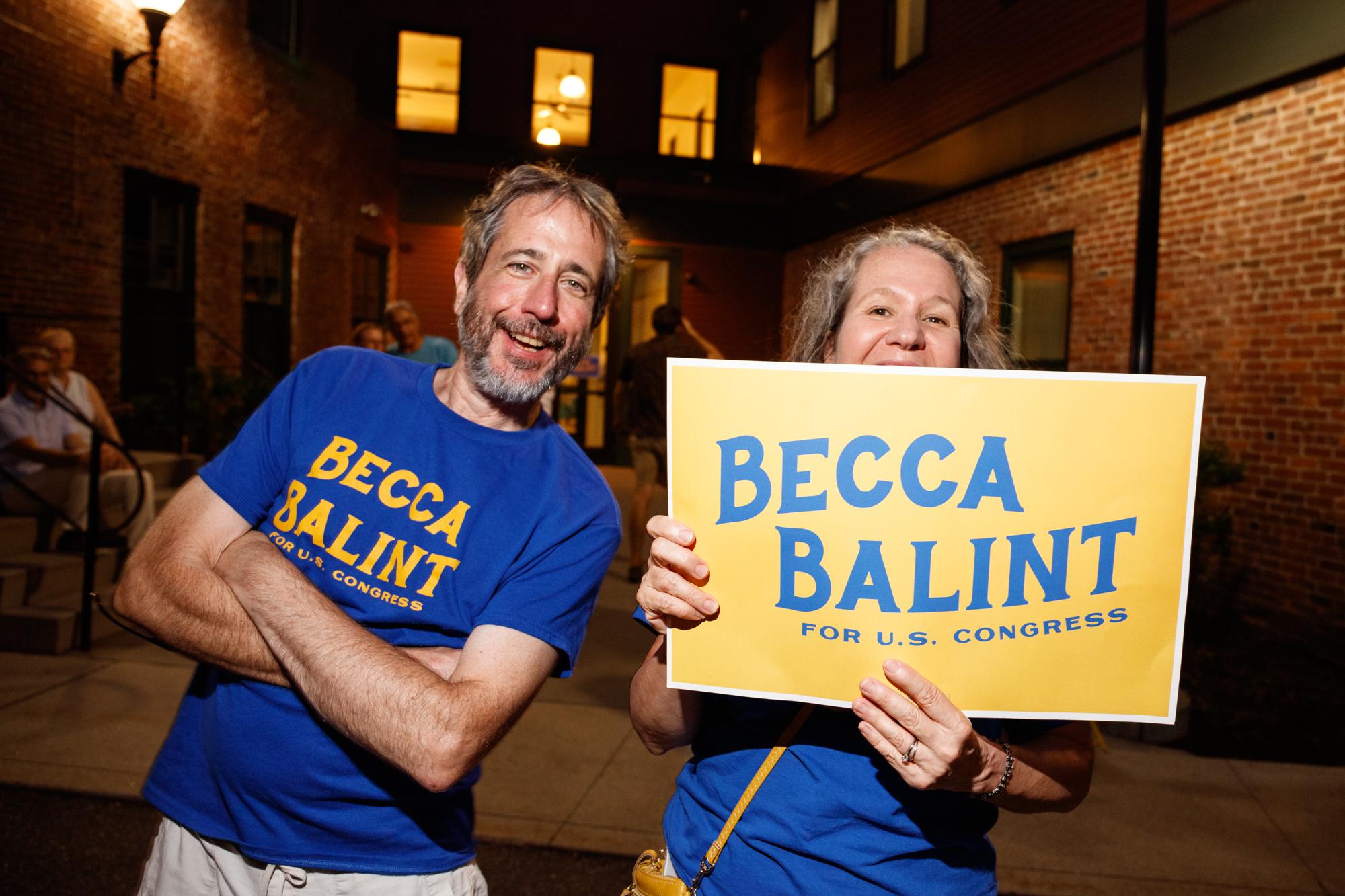 Becca Balint wins Vermont's Democratic US House nomination - Beth and Scott Esmond of Jericho, Vt., stand in support...