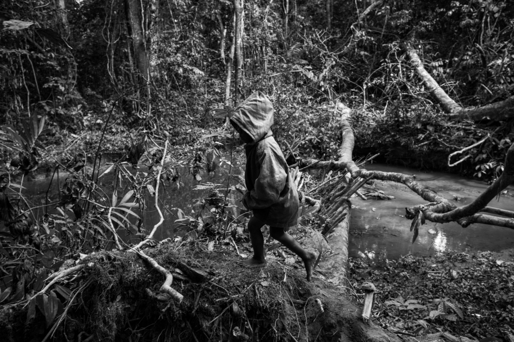 A baka pygmie boy walks along t...of Bosquet, Dja Faunal Reserve.