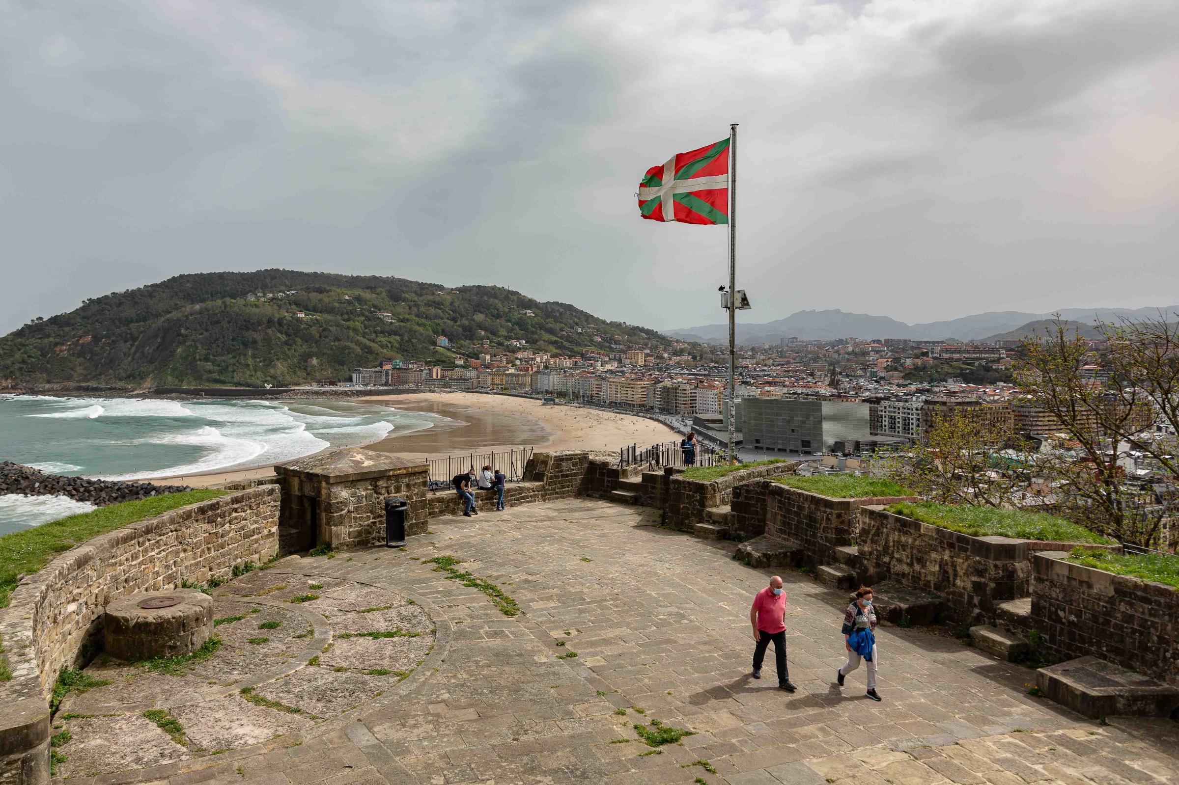 Basque Country -  General view from the Urgull fortress, where an Ikurri&ntilde;a (Basque flag) flies San...