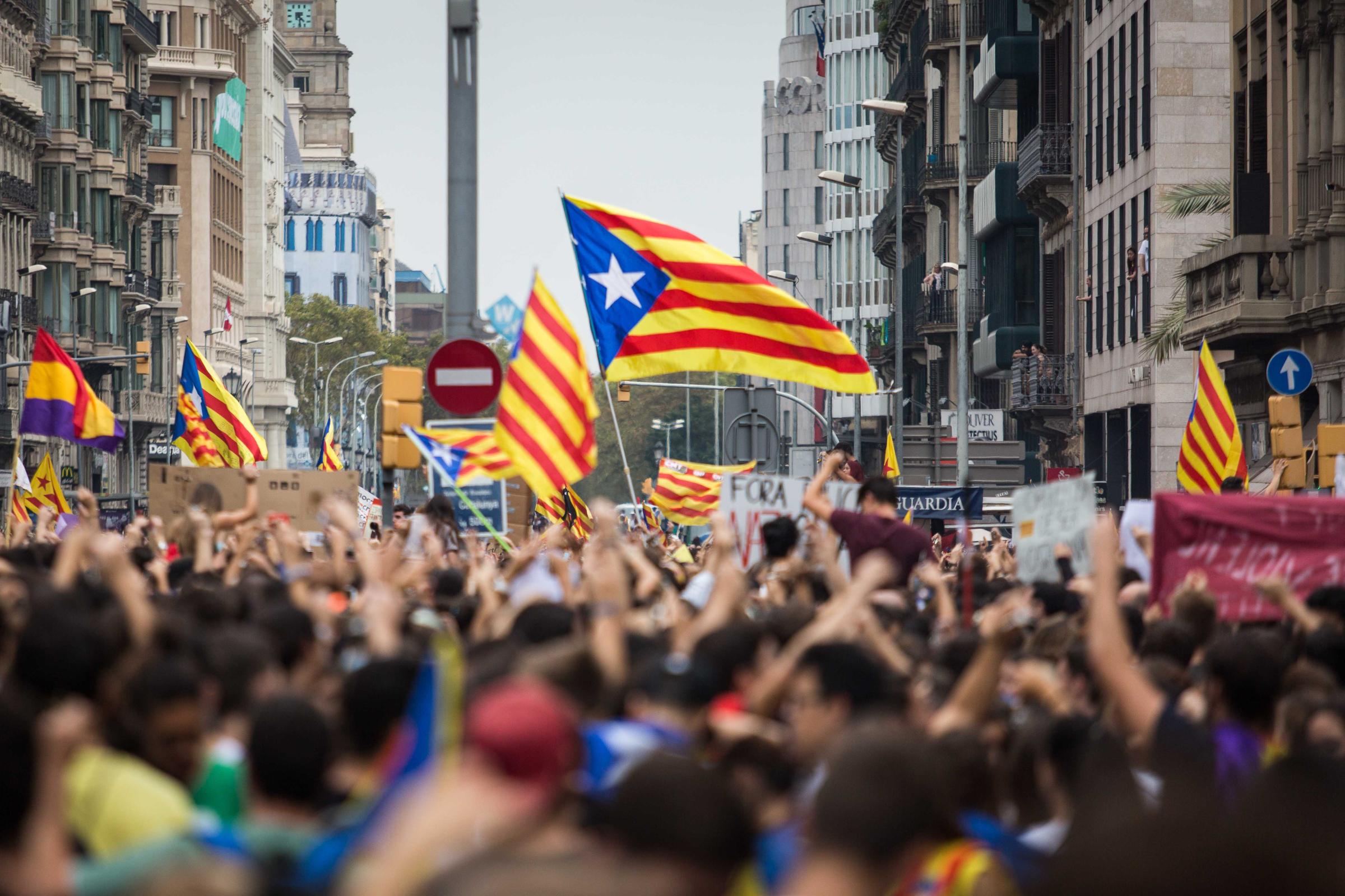 October 3rd, 2017. Barcelona, Spain. A demonstration with Catalan pro-independence flags is taking place in the streets of Barcelona in the days...