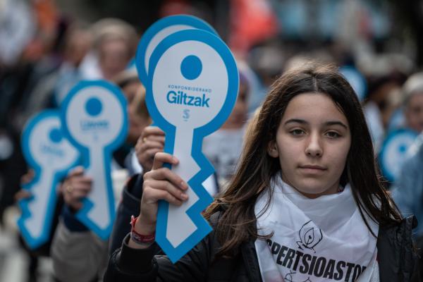 Thousands of people call for an end to the policy of exception for ETA prisoners - BILBAO, SPAIN: January 13th

A young relative of an ETA prisoner at the demonstration in the...