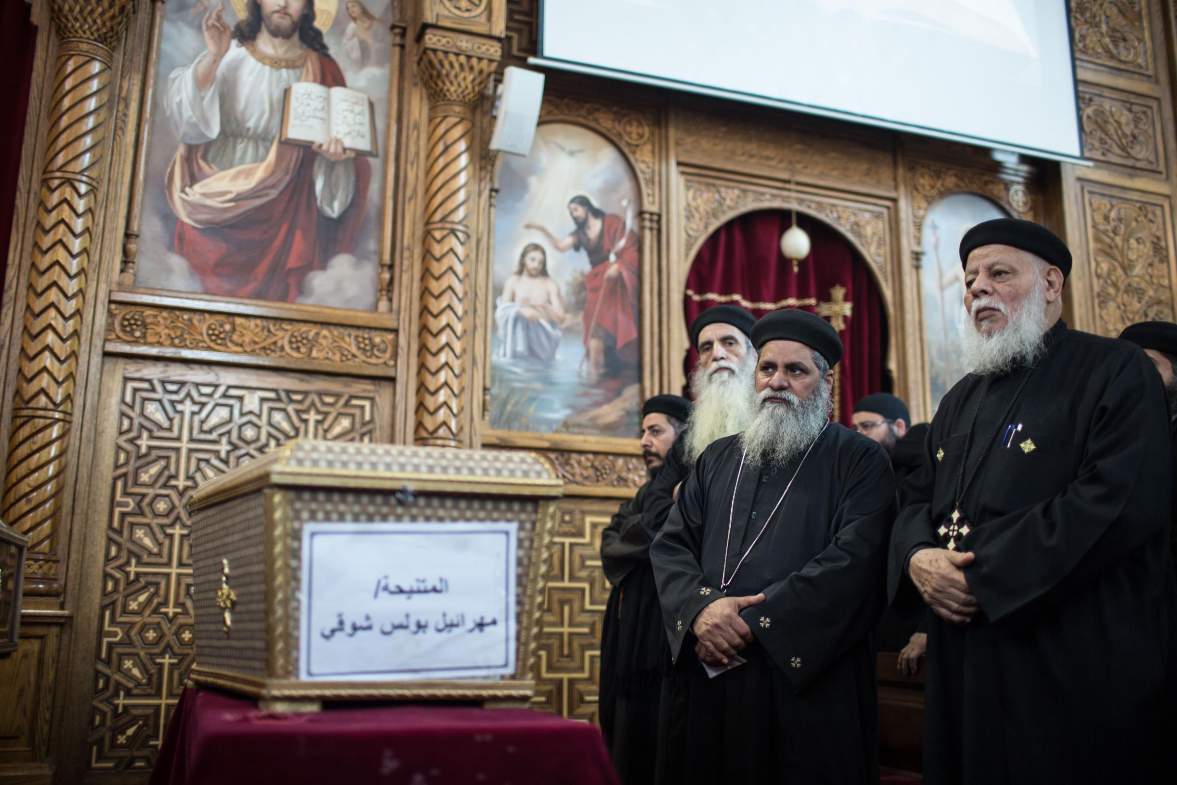 Funeral Mass for flood victims -  Mourners at the St. Mark and St. Shenouda Church attend...