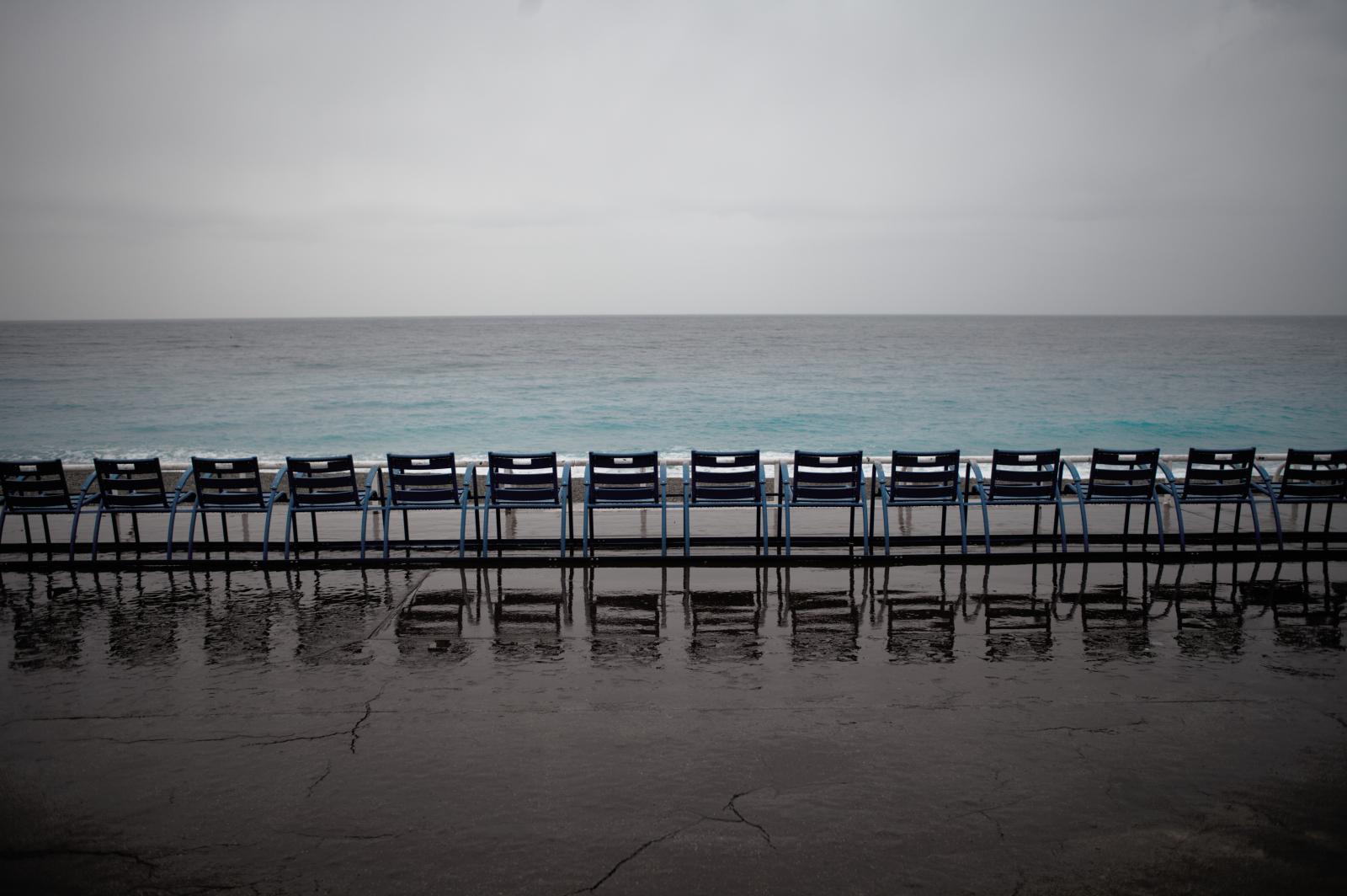 Empty chairs on Promenade des anglais