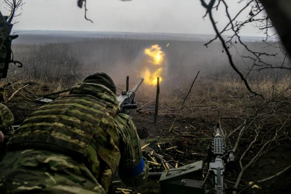 Ukraine-Russia War - Ukrainian soldiers, opening fire with a heavy machine gun...