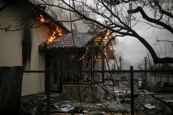 A house in the outskirts of Irpin city destroyed by Russian shelling. The city became the site of military engagement during the Kyiv offensive when Russian forces took the Hostomel airport in the north of the city to facilitate their advance southward towards Kyiv. Under Russian artillery fire, the Ukrainians were able to repel and destroy multiple forces in their attempt to move Into the city.     