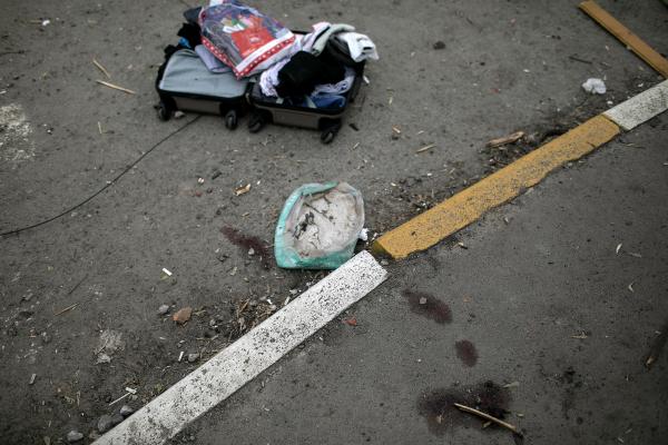 Ukraine-Russia War - Blood stains show the spot where a civilian was killed...