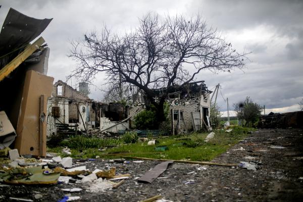 Heavy damaged houses, after Russian army shelling, in the village of Vilkhivka, which was liberated by Ukrainian forces on March 26, 2022. local residents said that around 60-70 people left the village with the reterting Russian army, as they didnt want to stay under Ukrainian rule.