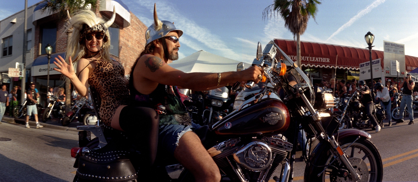Bikers show off their machines as they cruise the main strip in Daytona.