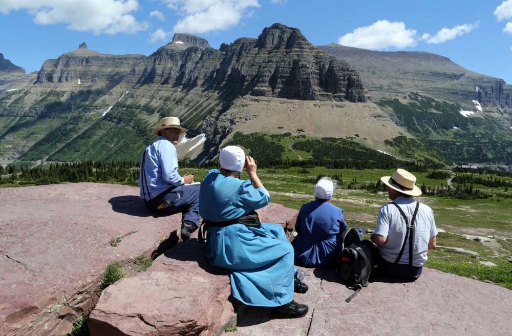  Amish tourists enjoy the views of Glacier National Park near Logan Pass. Montana is home to five Amish communities. 