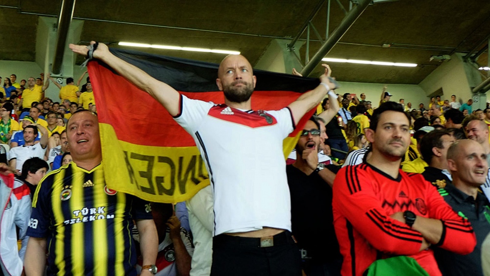  An unidentified German celebrates. The Brazil vs Germany football match that took place on 8 July 2014 at the Estádio MineirÃ£o in Belo Horizonte, Brazil, was the first semi-final match of the 2014 FIFA World Cup. 