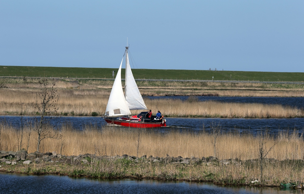  A sailboat navigates through a dyke on the town of Van Ewijcksluis, Nord Holland. 