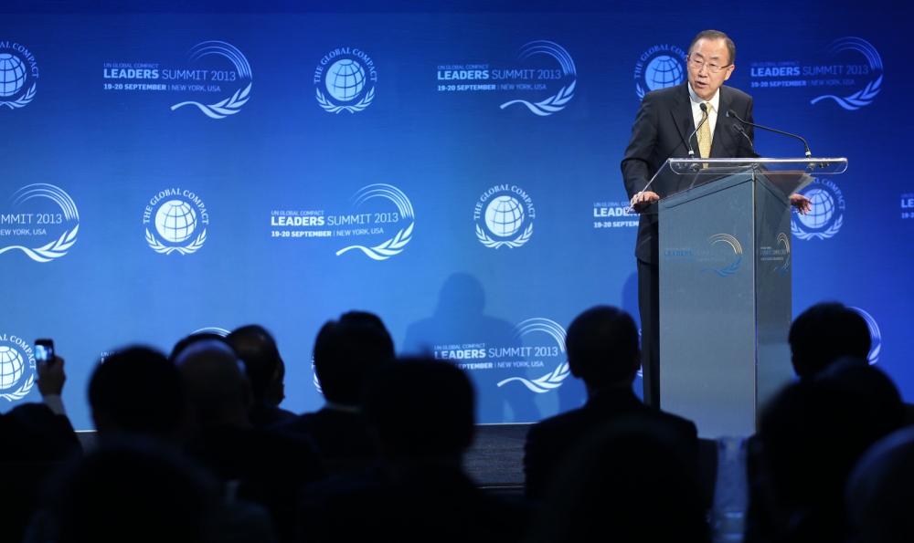   UN Secretary General Ban Ki-Moon&nbsp;speaks during the Global Compact Summit in New York.  