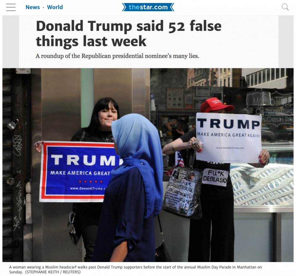Donal Trump said 52 false things last week: Toronto Star