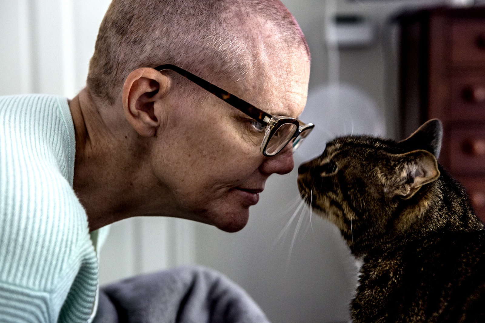 Facing Cancer Head On -                 Stacey Heath spends time with her cat,...
