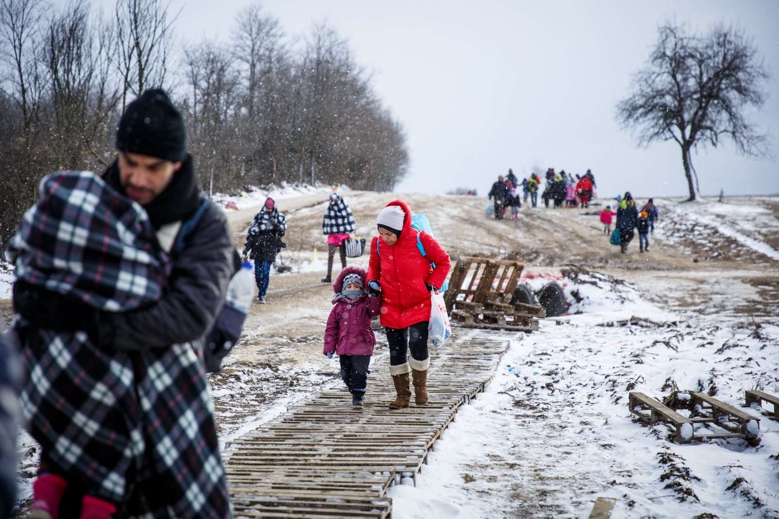 Crossing Serbia - In subfreezing snowy weather, refugees walk the unoffical...