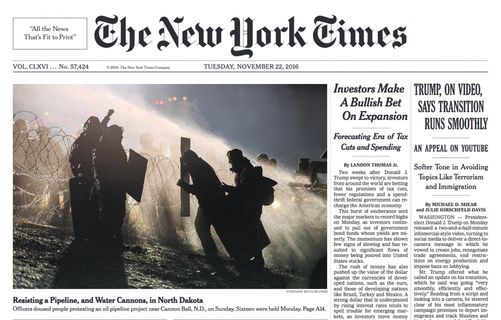 New York Times Front Page November 22, 2016