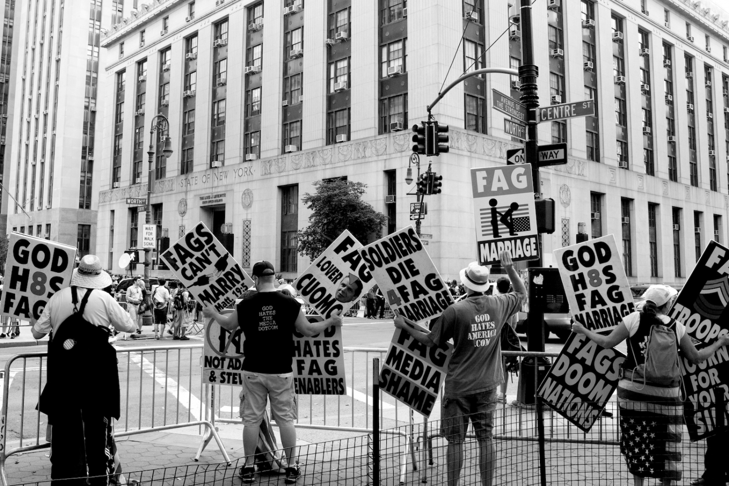  Protesters outside the Manhattan City Clerk's office, on the first day New York State's Marriage Equality Act goes into effect. New...