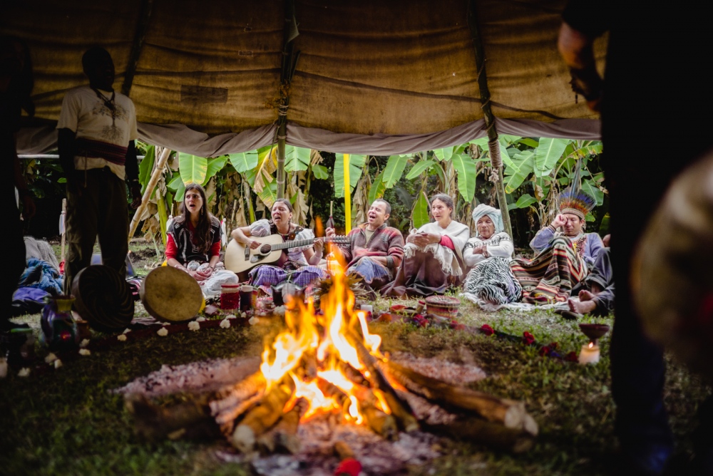 Various medicine men, women, and indigenous elders sing to the plant spirit of YagÃ© and the...