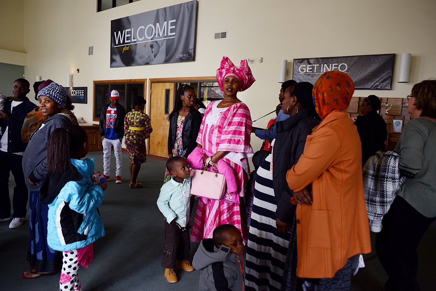 Welcome to Twin Falls, Idaho - Families wait in the lobby after Congolese prayer...