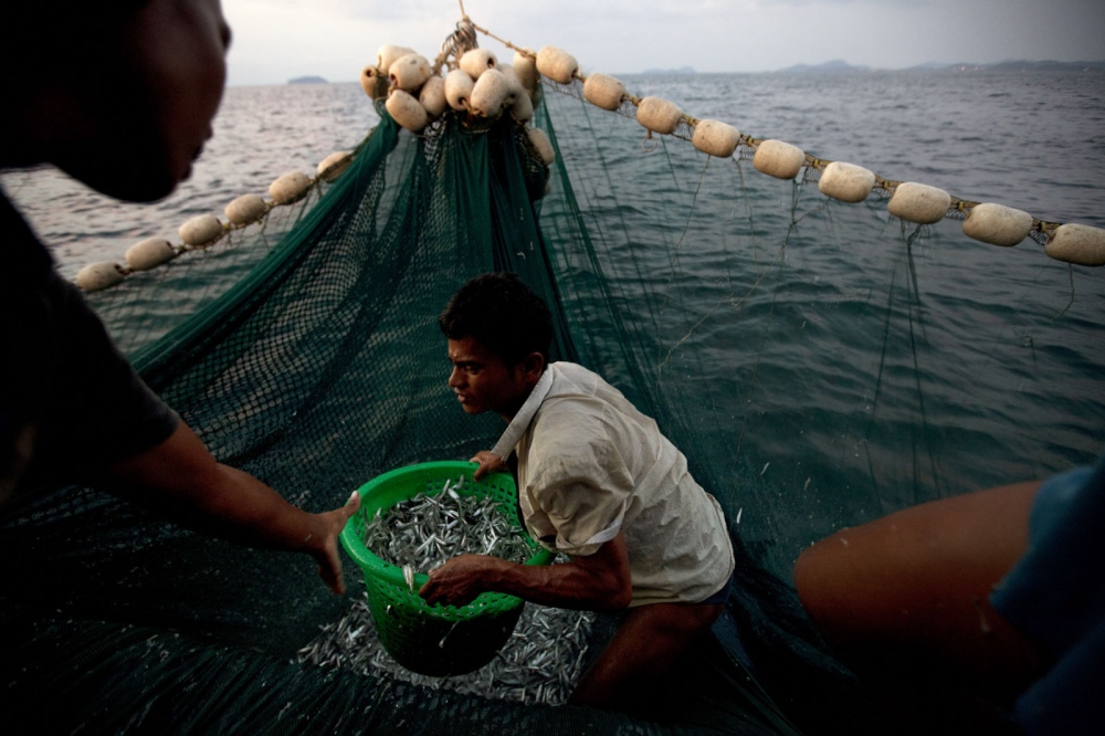 NGO/DEVELOPMENT - Burmese fishermen working all night on a Thai trawler...