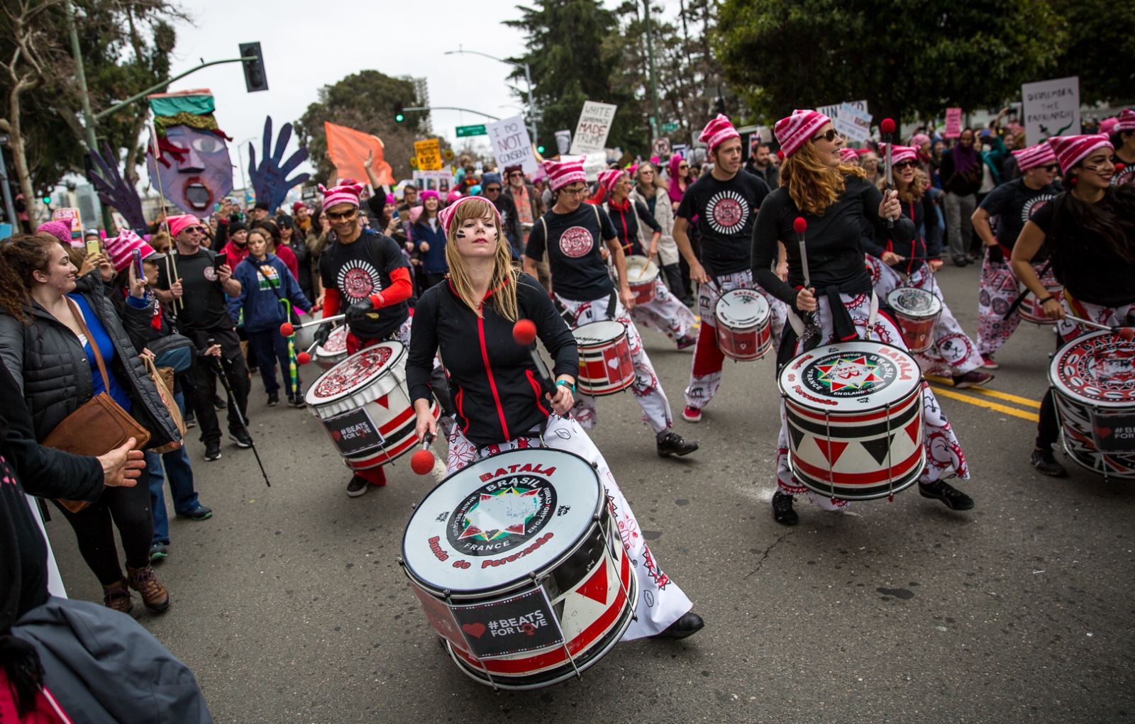 Women's March Oakland, CA  - Drummers perform during the Women's March in Oakland, CA,...