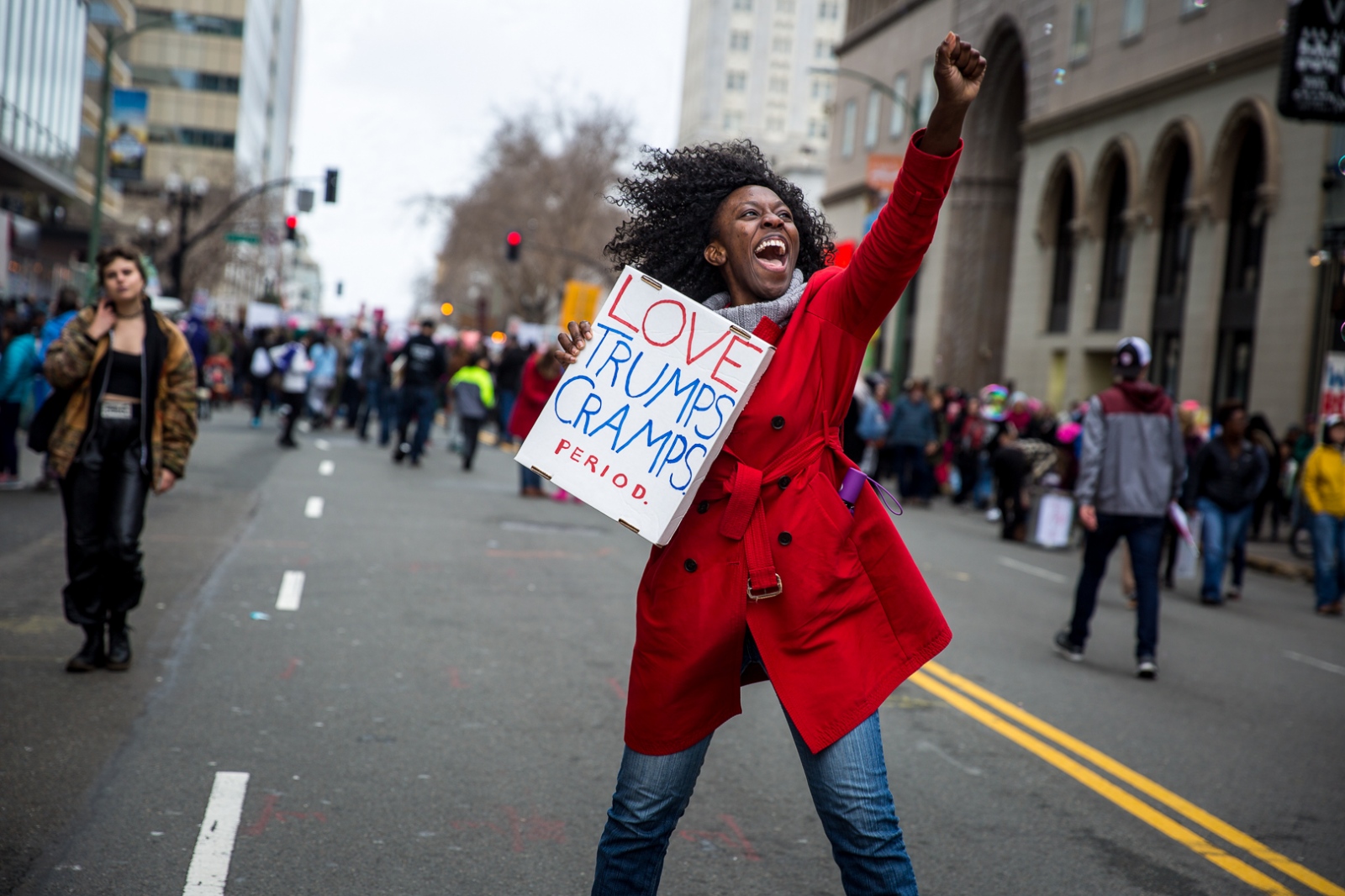 A jubilant demonstrator at the end of the Women's March in Oakland, CA, January 21, 2017. An estimated 60,000 people participated in the...