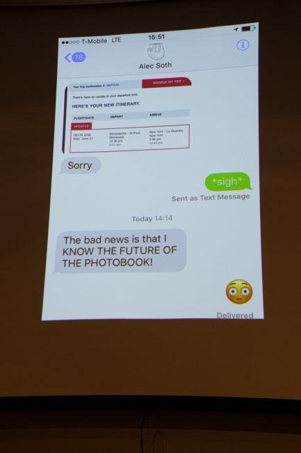 June 21, 2017 - International Center of Photography School. New York City, NY, USA - Alec Soth's text message to Fred Ritchin. Alec Soth was unable to attend the panel due to a delayed flight. 