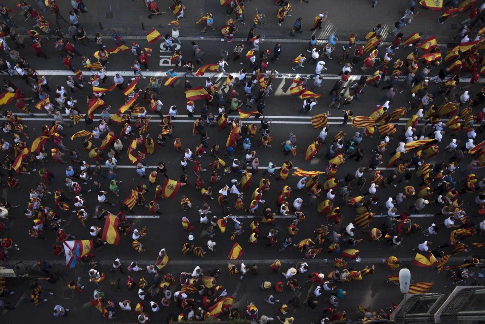 Catalan Fight for Independence  - Spanish unionists march down Via Laetana during a...