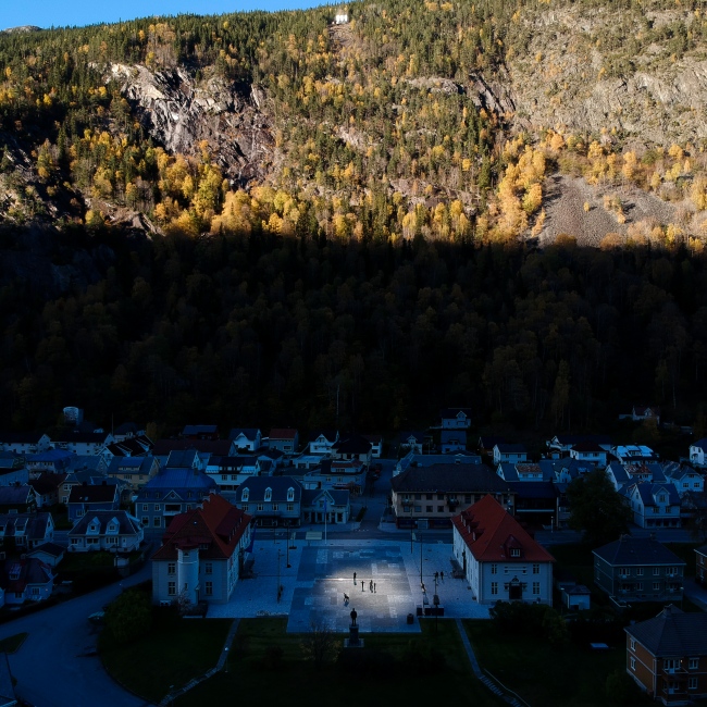 Rjukan, Norway, 2017. The town ...e sun light on the town square.