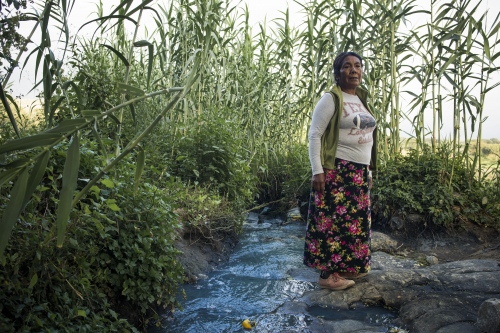 Image from BLUE TOXIC WATER - A farmer in front of the blue river that crosses her...
