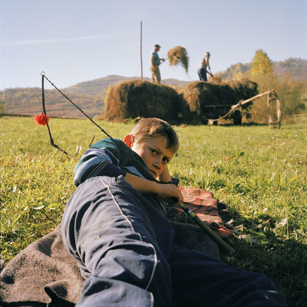 Transylvania: Built on Grass -  Vasile Cehi, nine, rests while the men of his family...