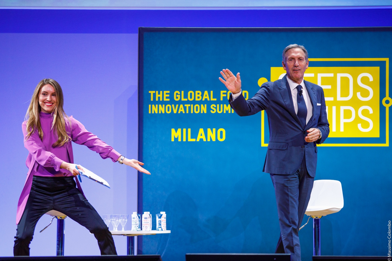 May 7, 2018, Milan Italy. I covered Seeds&Chips summit in Milan. In the pic Rachel Crane, CNN Innovation Correspondent, presents Howard Schultz, Executive Chairman of Starbucks.