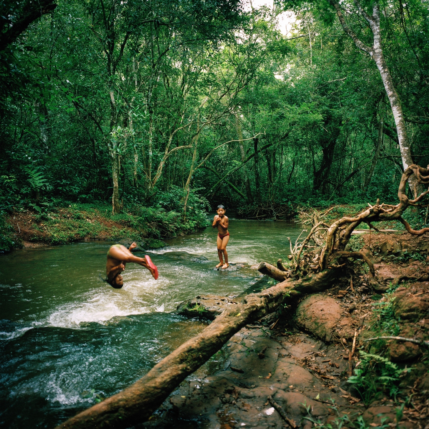 November 30, 2016.&nbsp; Tamil Flores, 9, left, and her brother Hudson Flores, 6, play in a stream in an occupied village of Guaiuiry near Amambai Indigenous Reserve in Matto Grosso Du Sul, Brazil. The land which is owned by a farmer has been occupied by a group of Kaiowa Indigenous people. The farm owner killed the Chief of the community, Nizio Gomes, with hired security forces a year ago. The community has not had a single suicide. and they attribute that to their practice of cultural customs to ward off bed sprits.