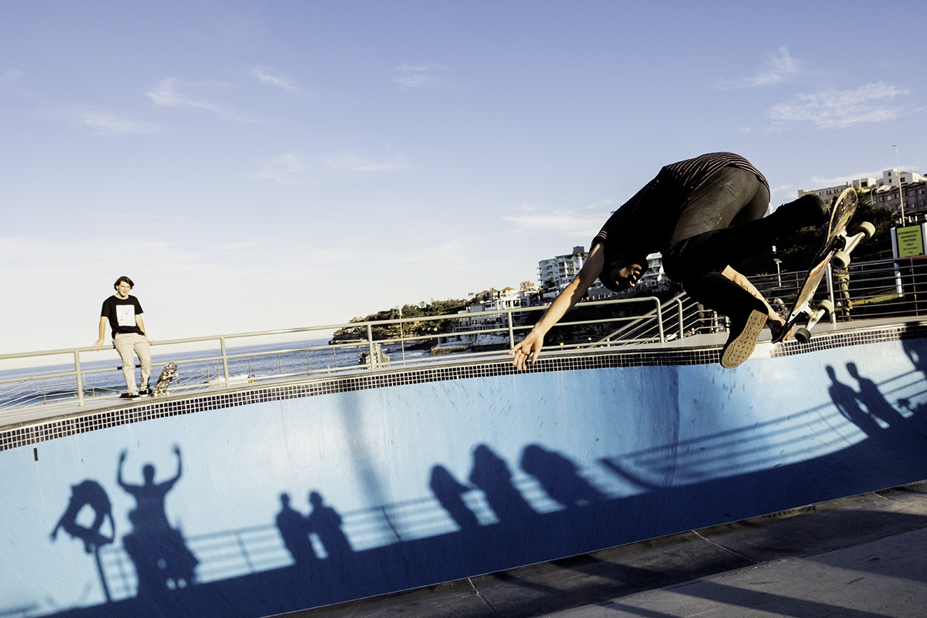  Bondi Beach, Sydney 2018. Young skaters flying high. 