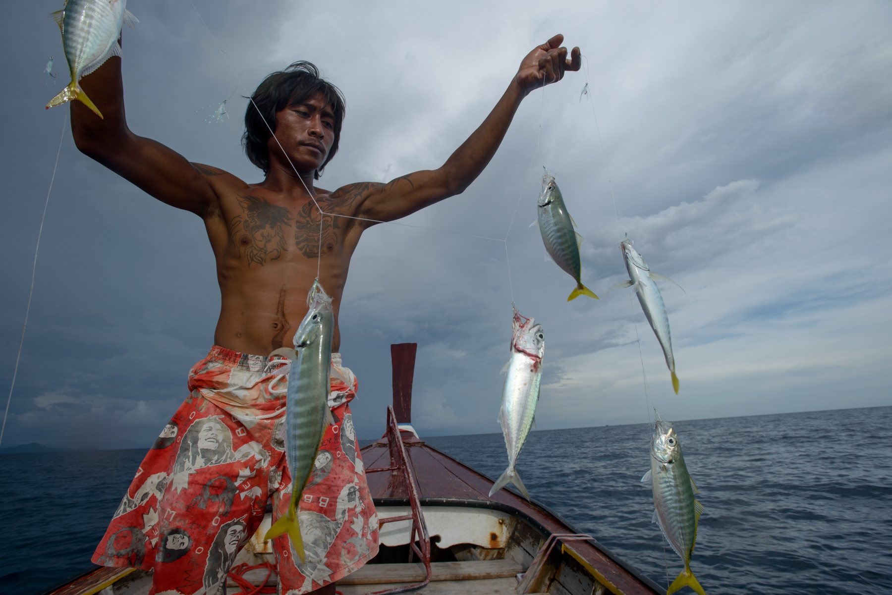 Lipe Island -  A sea gypsy fisher holds his fishing net with caught...