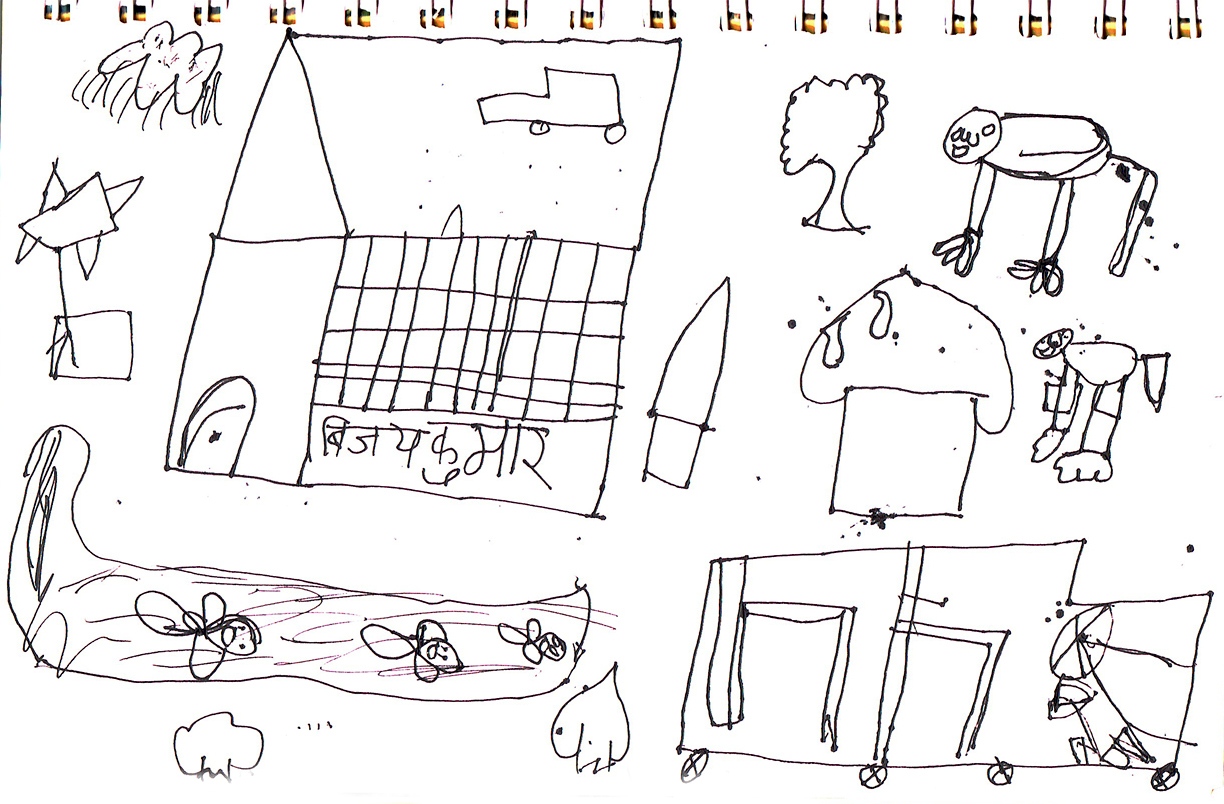  Vijay Kumar, 6, illustrates different aspects of his village. 
