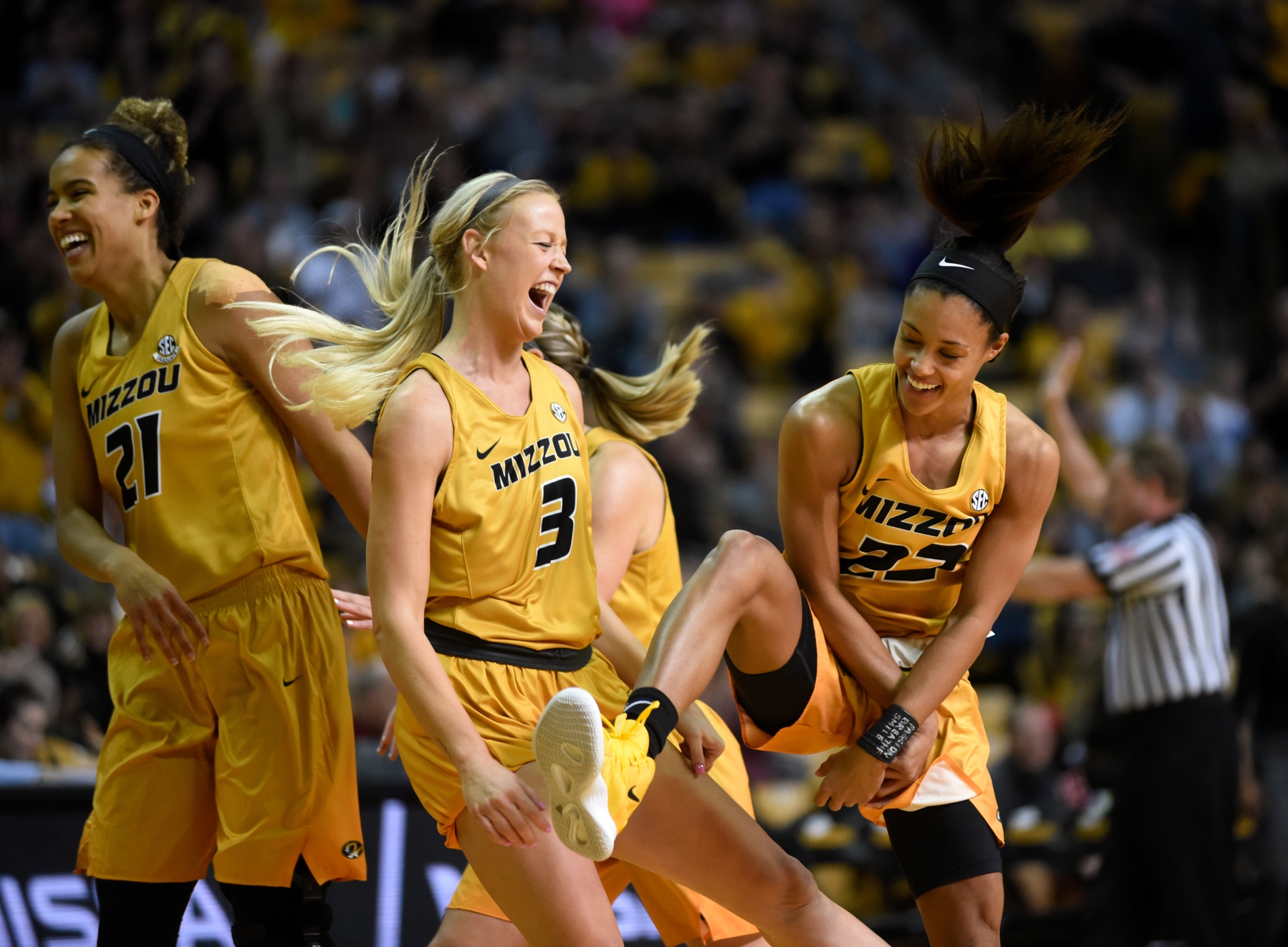University of Missouri&#39;s Cierra Porter, Sophie Cunningham and Jordan Roundtree celebrate after Mizzou sinks a basket. Mizzou...