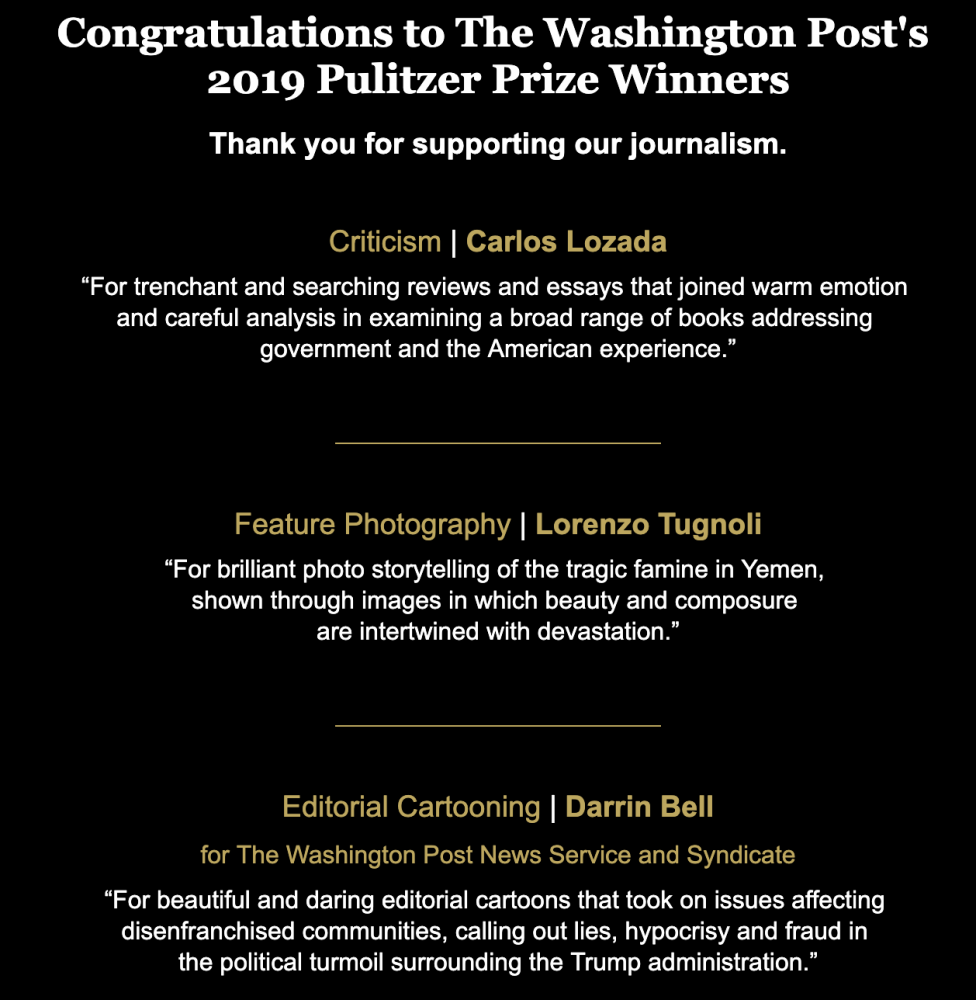 Cong"Œratul"Œations to The Washington Post's  2019 Pulitzer Prize Winners