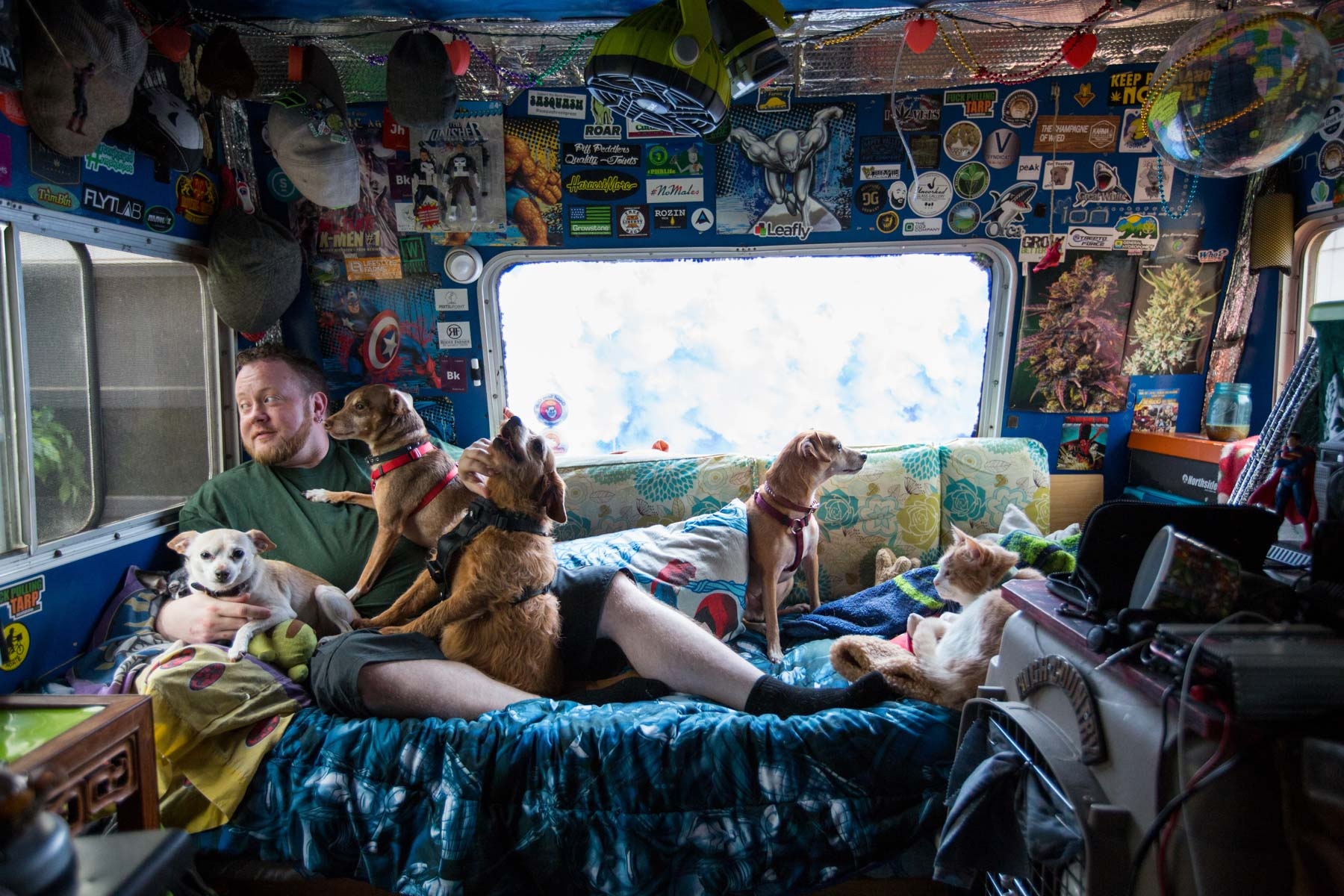Outside in America | Guardian - Ryan Mikesell with his 5 dogs and a cat in an RV parked...