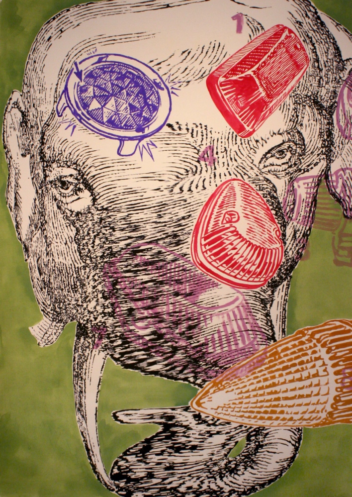 Brian Fekete, Ganesh at the Wel...e and ink on paper, 38 x 25 in.