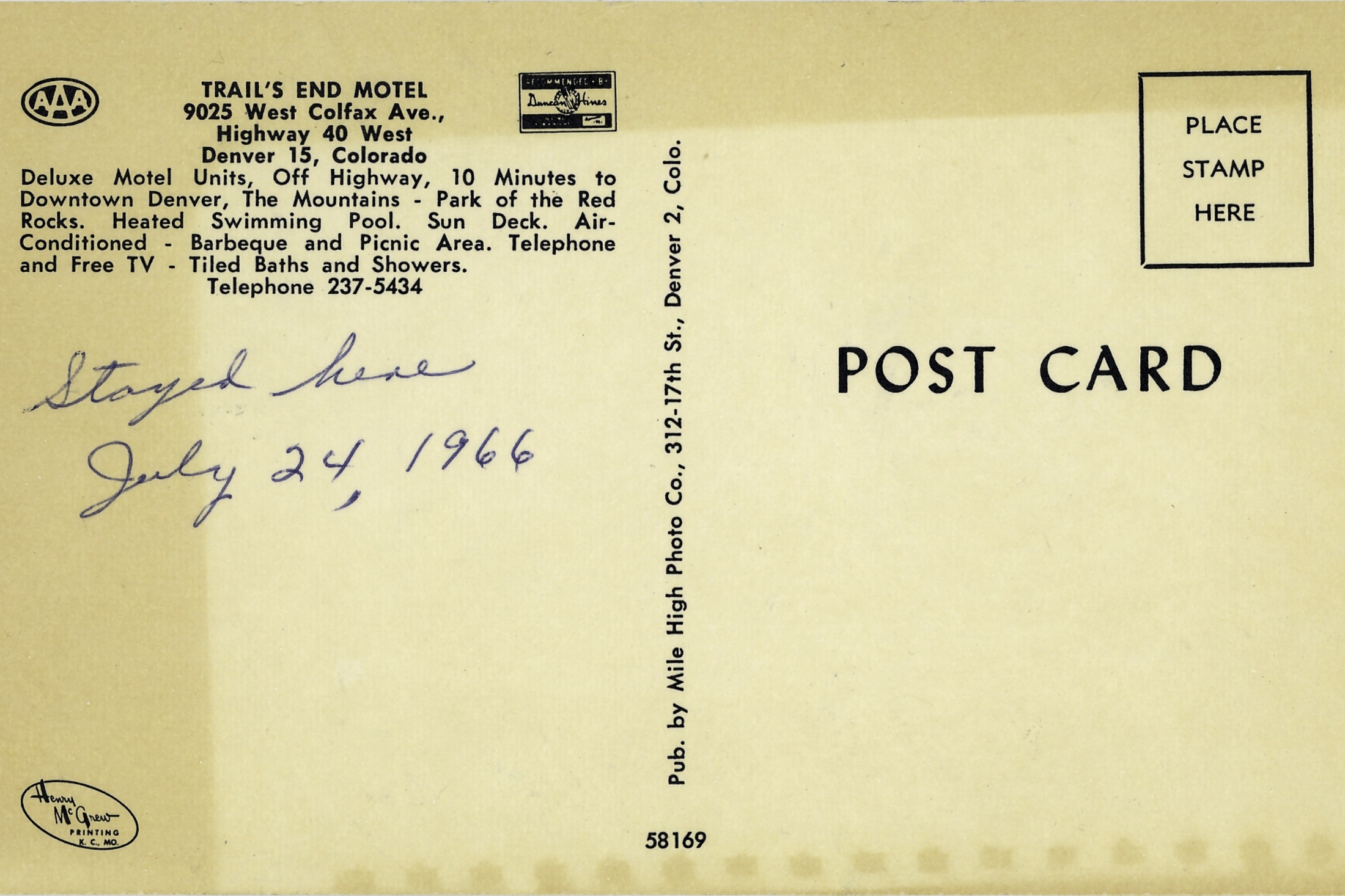 An old postcard from an old road motel from Colfax Avenue. On it&#39;s back, the text reads...