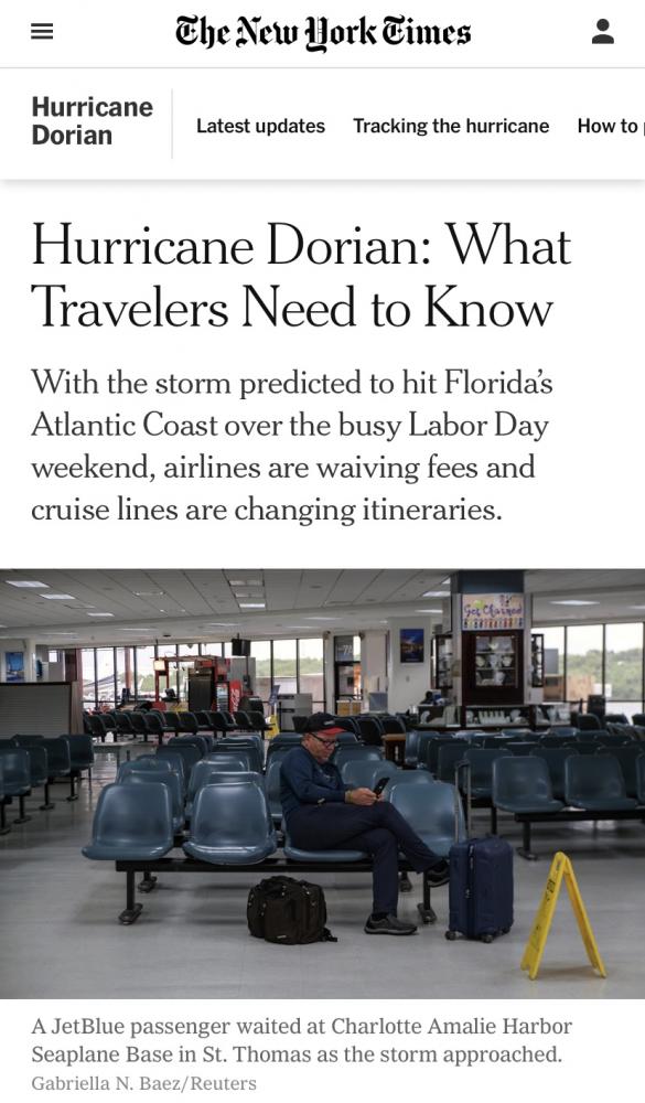 Hurricane Dorian coverage feat. on NYT Travel